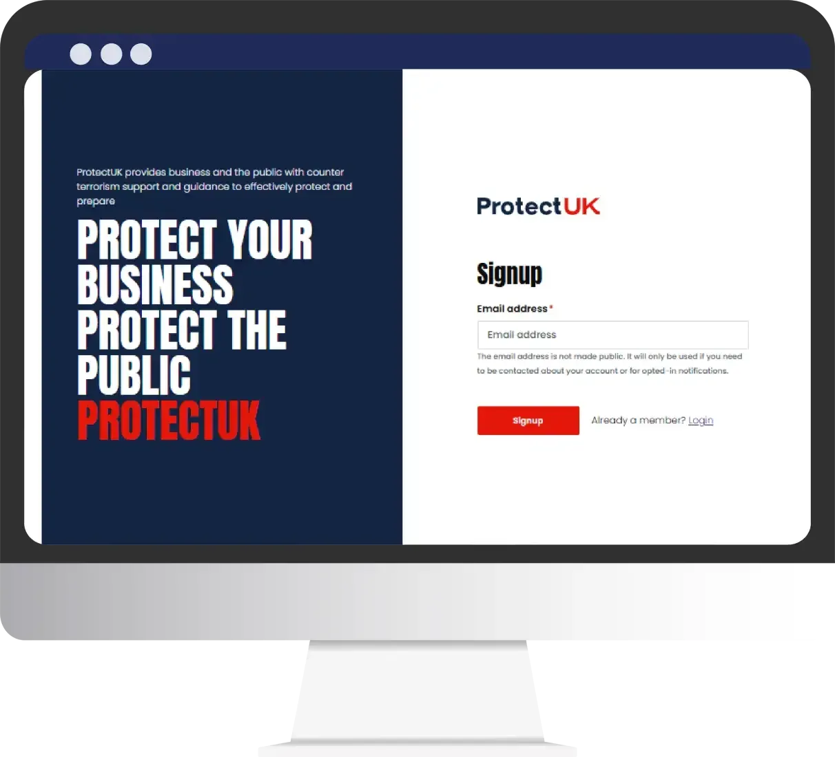 The ProtectUK signup form, which asks for an email address only