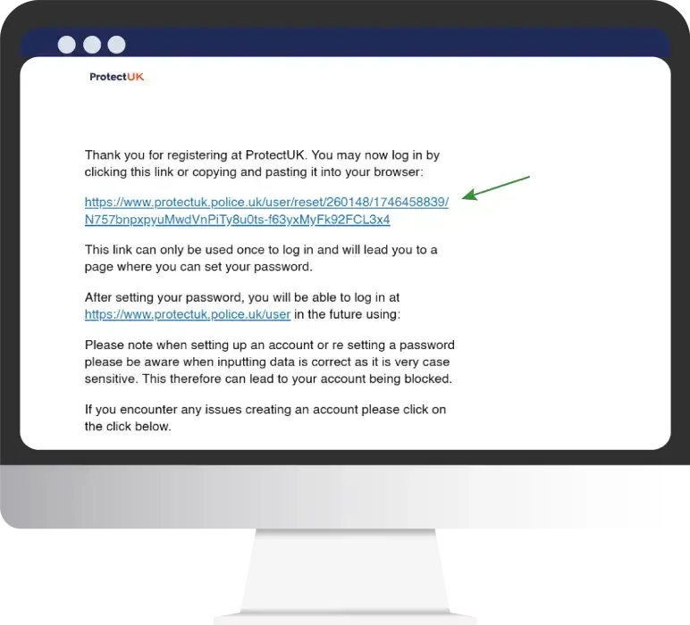 The email from ProtectUK with the one-time link