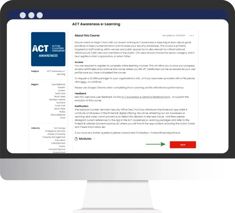 The ACT Awareness course page with its Start button
