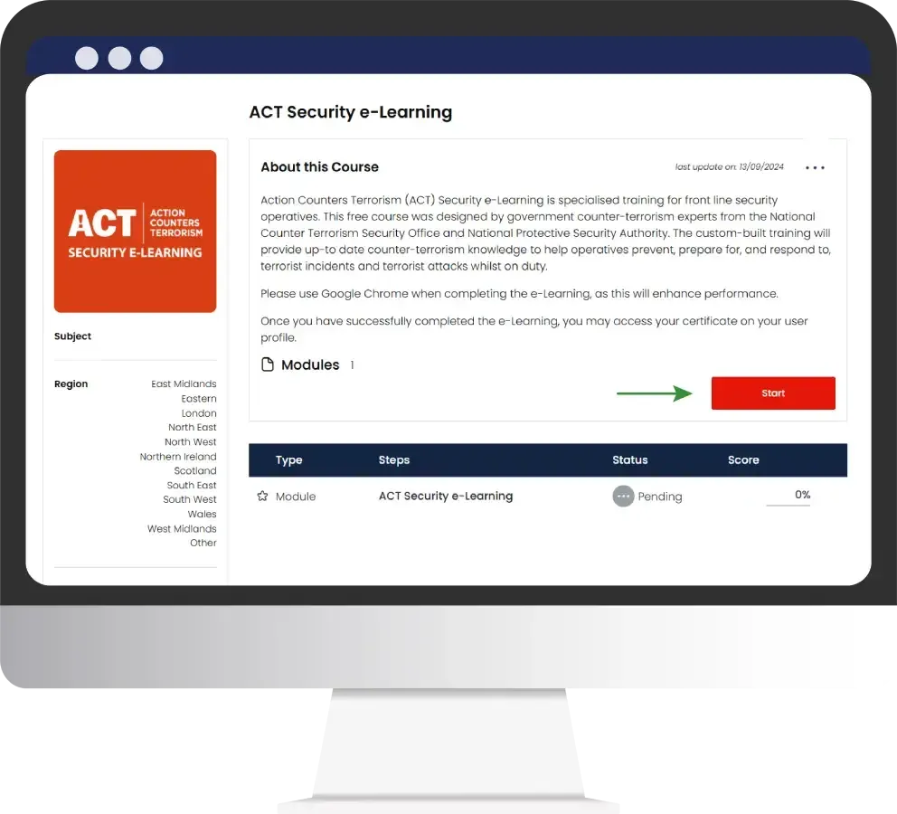 The ACT Security course page with its Start button