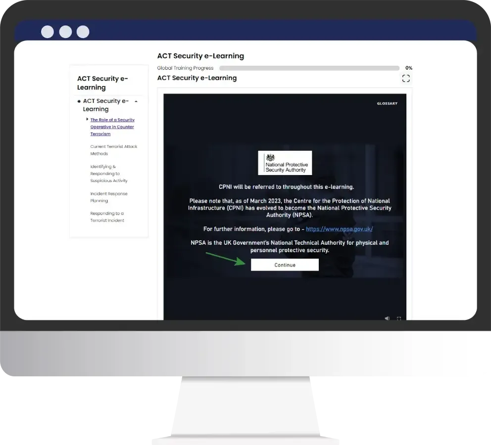 The opening screen of ACT Security