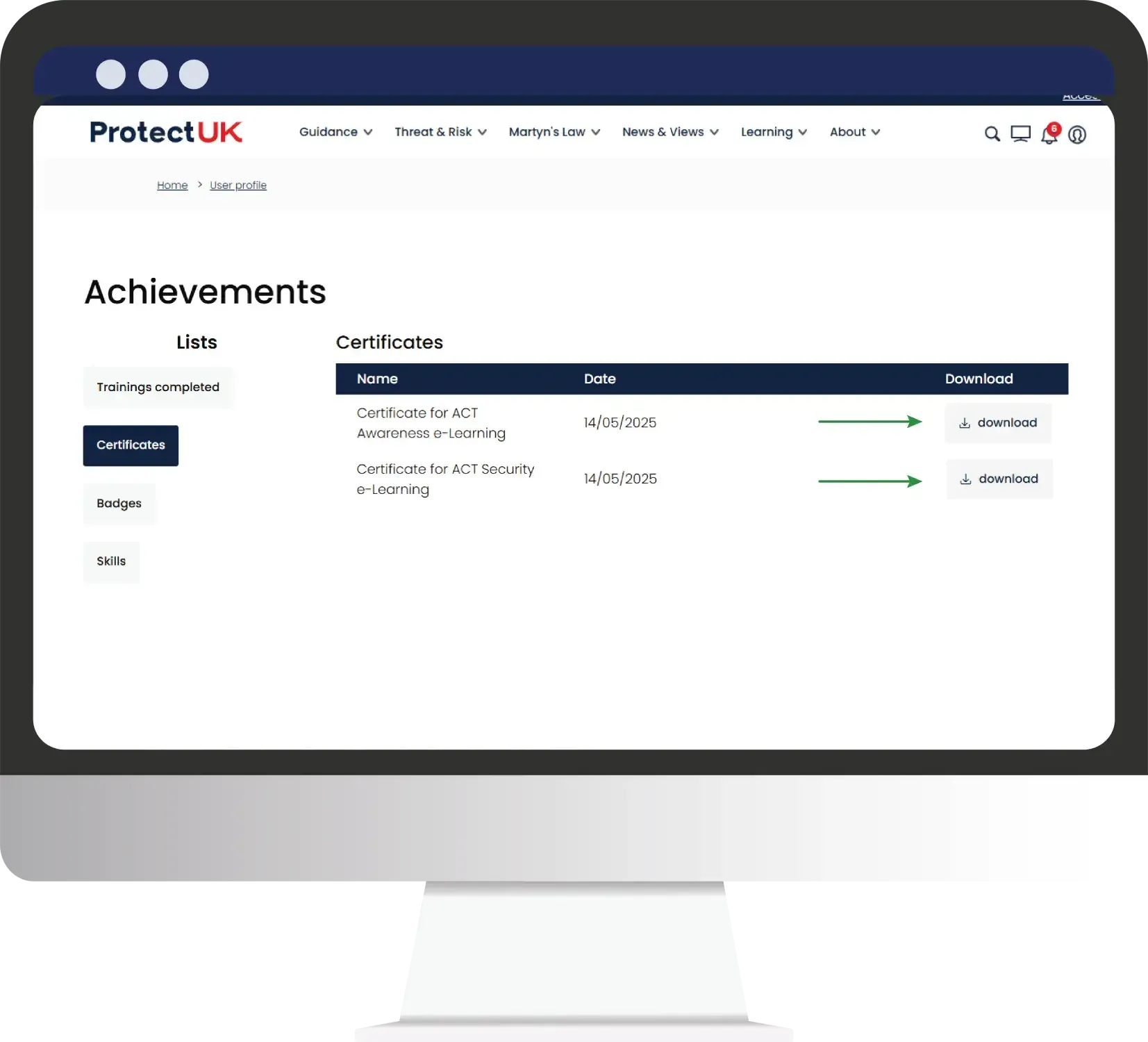 The Certificates list with a download button beside each course