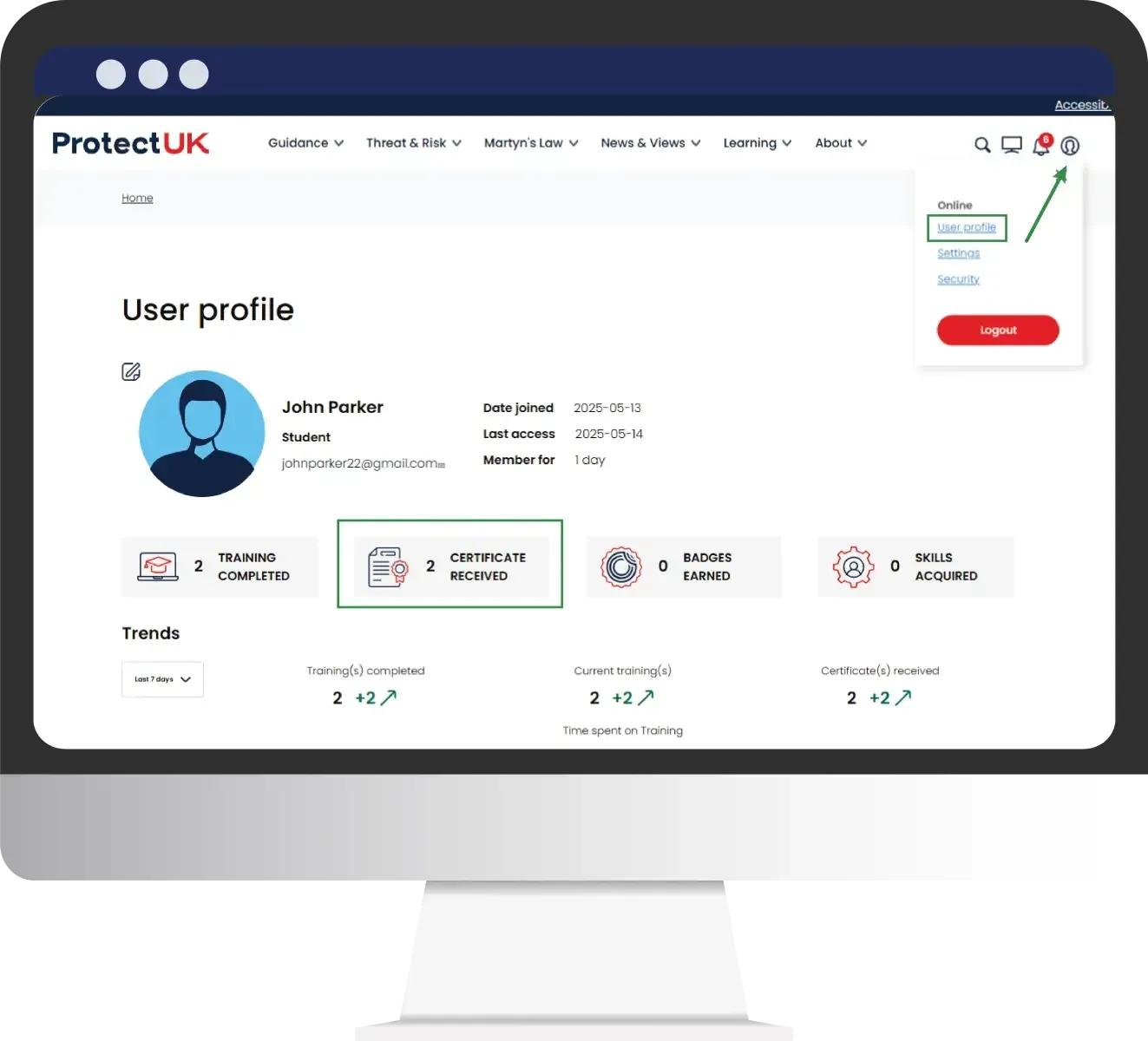 The ProtectUK user profile, showing two certificates