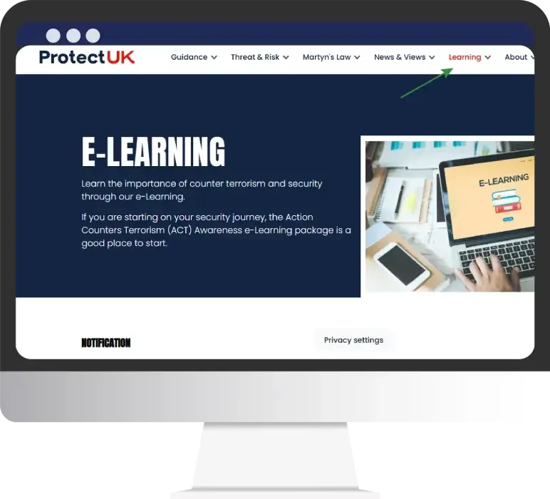The e-Learning page under the Learning menu on ProtectUK